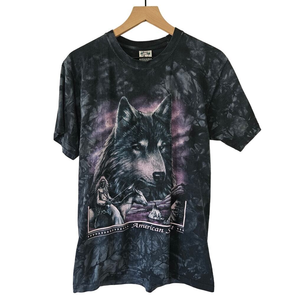 Back To Earth Tie Dye Wolf American Spirit Short Sleeve‎ Tee M Black Purple